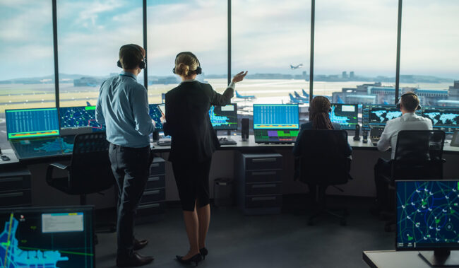 Female and Male Air Traffic Controllers with Headsets Talk in Airport Tower. Office Room is Full of Desktop Computer Displays with Navigation Screens, Airplane Departure and Arrival Data for the Team.